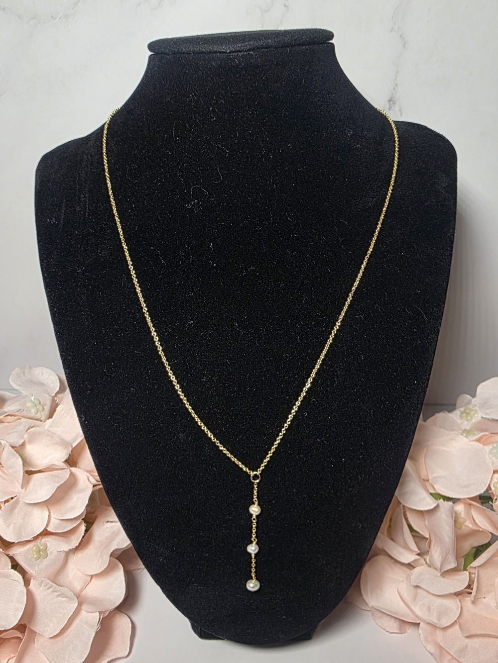 BYCHARI - Gold Drop Necklace with Pearl Accents